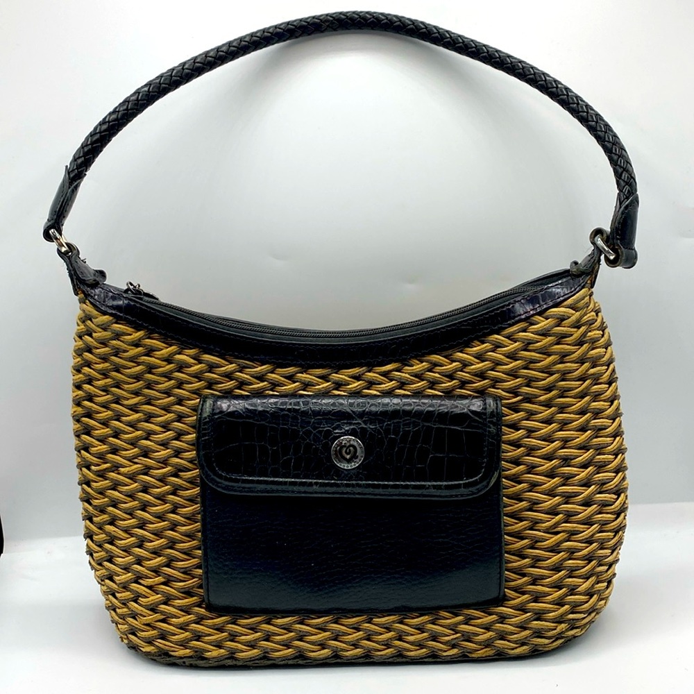 Vintage Genuine Brighton Woven Raffia Straw And Leather Trim Shoulder Bag
